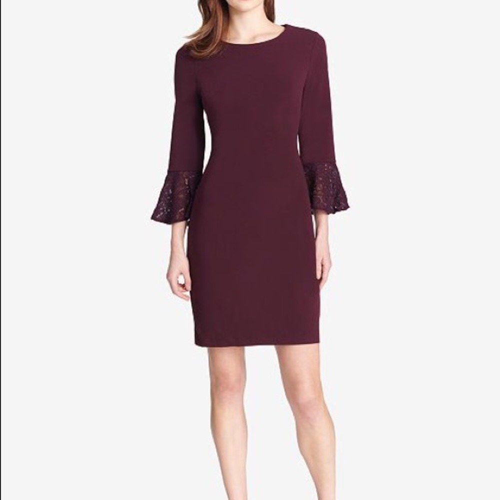 Lace-Cuff Bell-Sleeve Sheath Dress